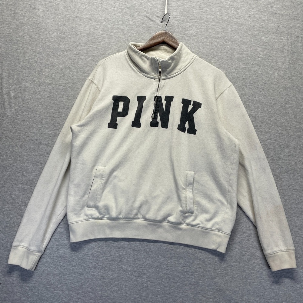 Victoria's Secret PINK Sweatshirt Women Large Off White Fleece Lined Quarter Zip